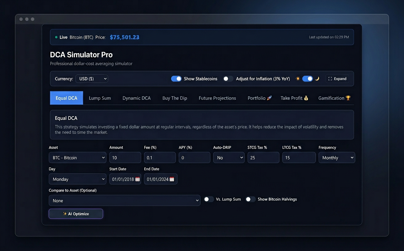 DCA Simulator Pro interface — Equal DCA engine with live Bitcoin price, dark mode