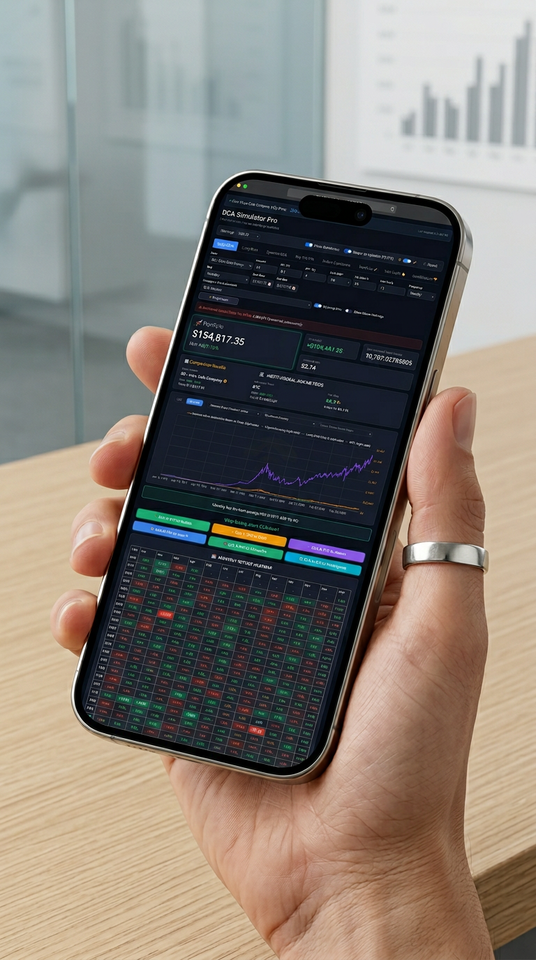 DCA Simulator Pro on iPhone — results with chart and heatmap